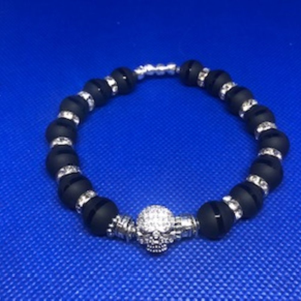 Onyx Bead bracelet with Crystal Spacers & Skull